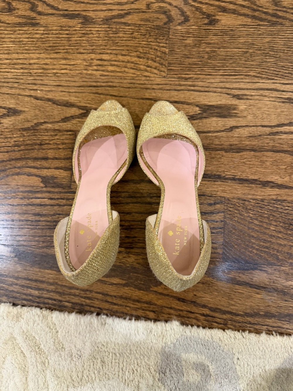 kate spade Gold Glitter Open-Toe Heels with Pink Insole